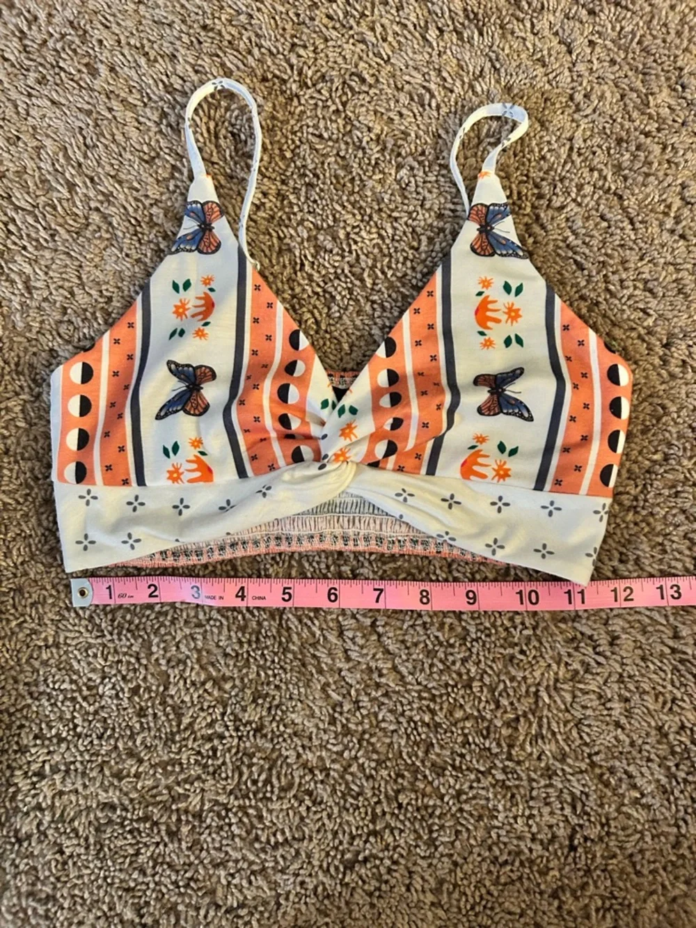 2-pc Butterfly-Print Wide-Leg Top and Pants — White with Orange & Blue - Picture 9 of 16